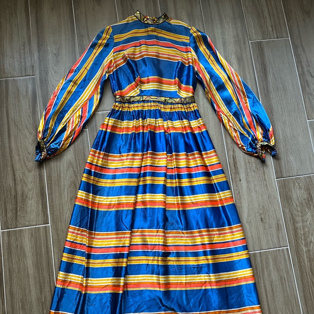 Vintage 1960 70s blue and orange striped hostess gown dress /w metallic ribbon
